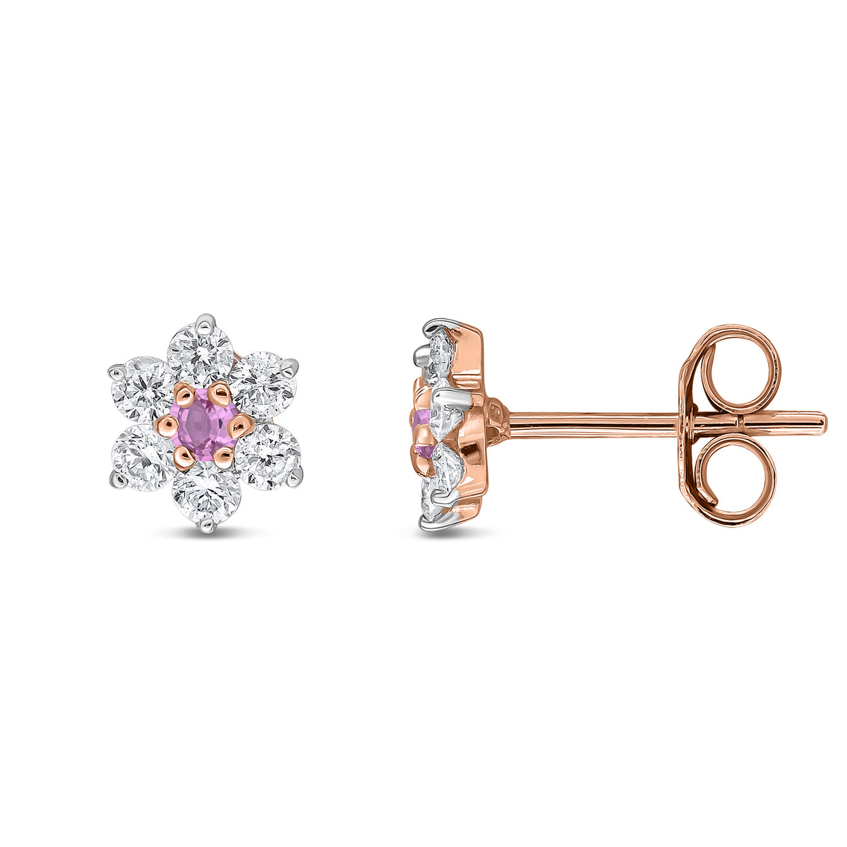 9ct Rose Gold Round Natural Pink Sapphire & Diamond Claw Set Cluster Stud Earrings