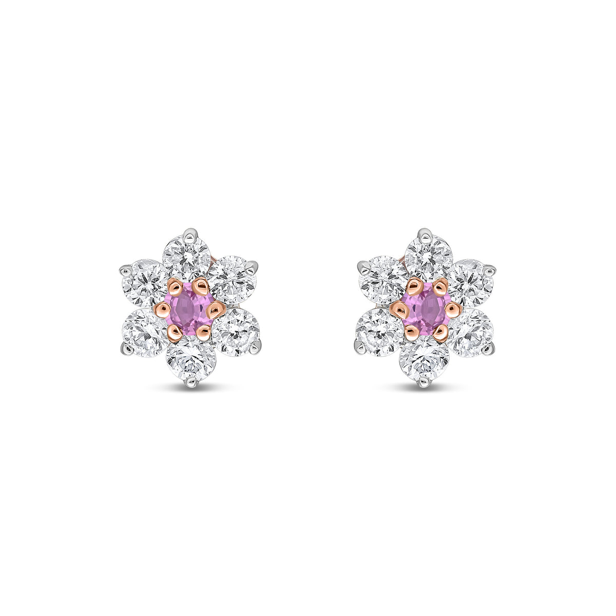 9ct Rose Gold Round Natural Pink Sapphire & Diamond Claw Set Cluster Stud Earrings