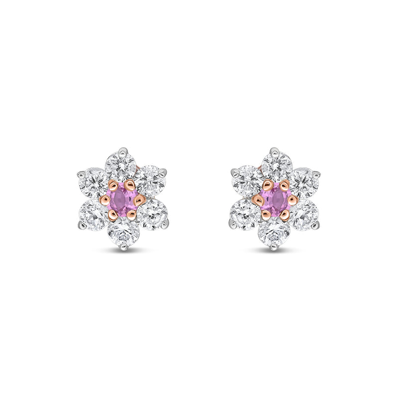 9ct Rose Gold Round Natural Pink Sapphire & Diamond Claw Set Cluster Stud Earrings