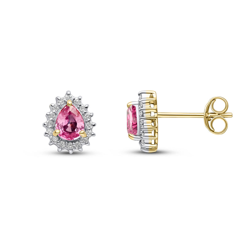 9ct Yellow Gold Pear Shaped Natural Pink Sapphire & Diamond Claw Set Cluster Stud Earrings — 5x4mm