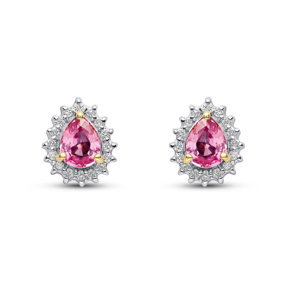 9ct Yellow Gold Pear Shaped Natural Pink Sapphire & Diamond Claw Set Cluster Stud Earrings — 5x4mm