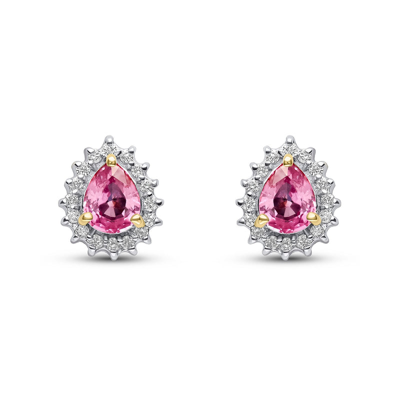 9ct Yellow Gold Pear Shaped Natural Pink Sapphire & Diamond Claw Set Cluster Stud Earrings — 5x4mm