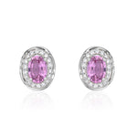 9ct White Gold Oval Natural Pink Sapphire & Diamond Rope Edge Cluster Stud Earrings — 6x4mm