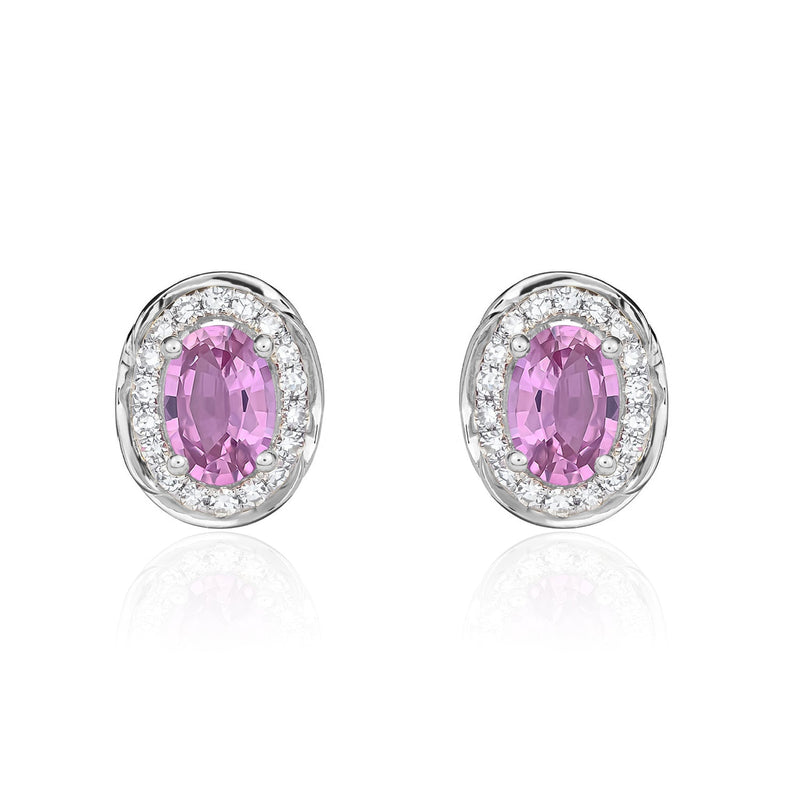 9ct White Gold Oval Natural Pink Sapphire & Diamond Rope Edge Cluster Stud Earrings — 6x4mm