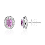 9ct White Gold Oval Natural Pink Sapphire & Diamond Rope Edge Cluster Stud Earrings — 6x4mm