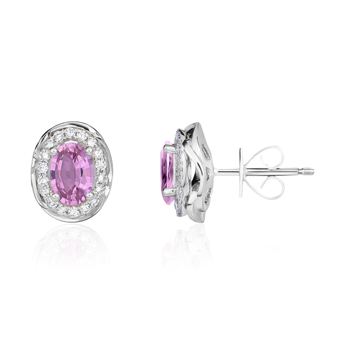 9ct White Gold Oval Natural Pink Sapphire & Diamond Rope Edge Cluster Stud Earrings — 6x4mm