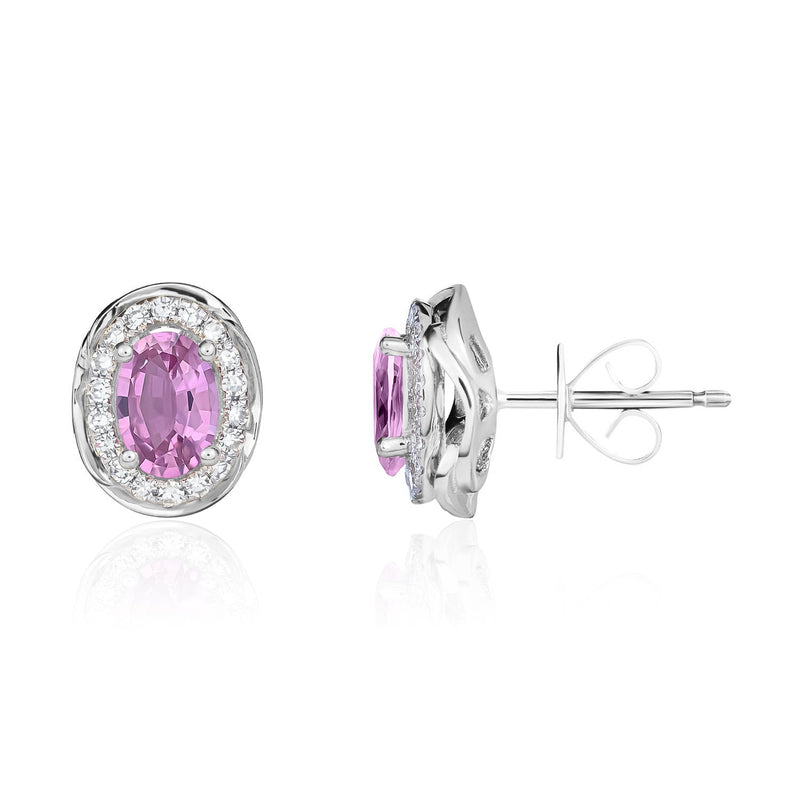 9ct White Gold Oval Natural Pink Sapphire & Diamond Rope Edge Cluster Stud Earrings — 6x4mm