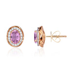 9ct Rose Gold Oval Natural Pink Sapphire & Diamond Rope Edge Cluster Stud Earrings — 6x4mm
