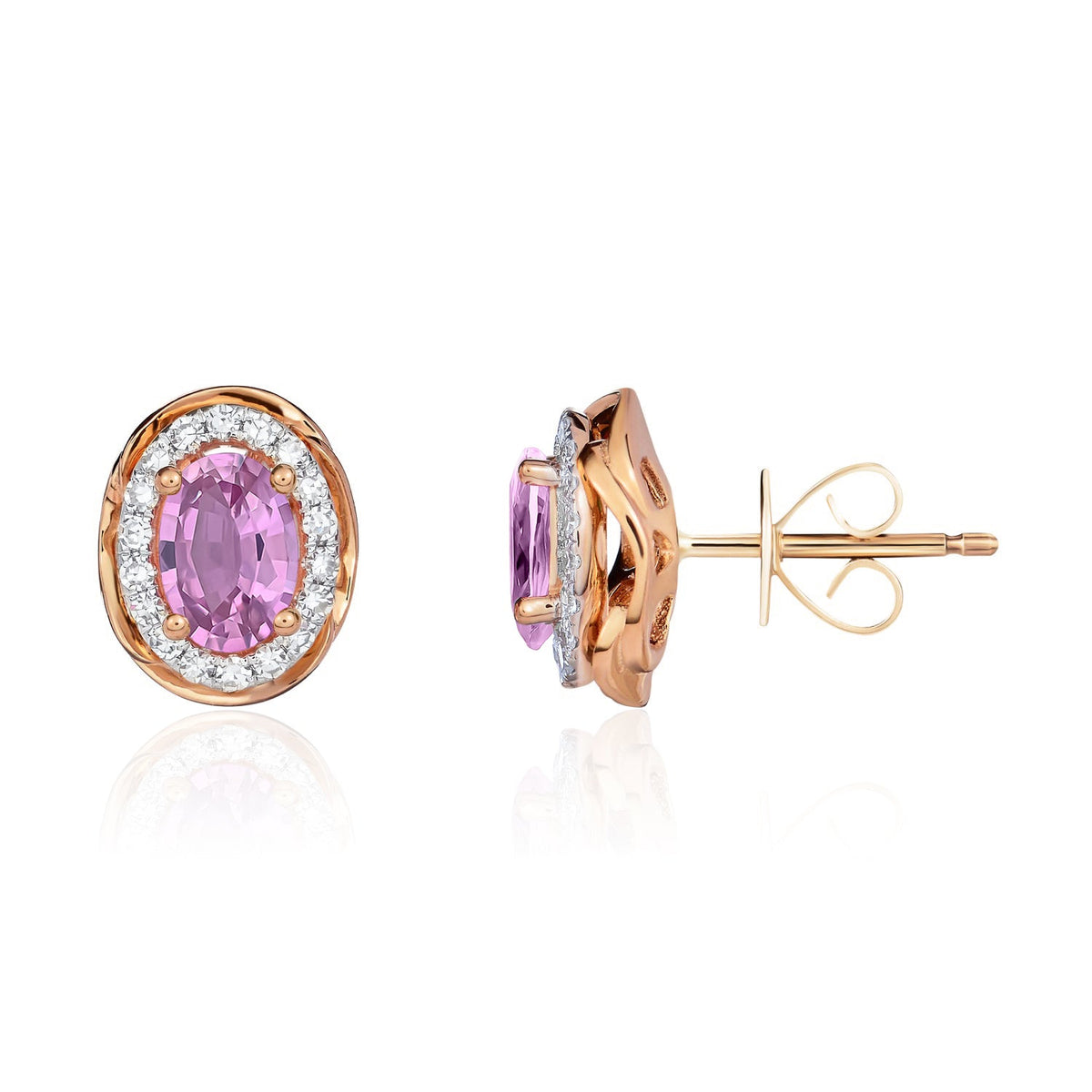 9ct Rose Gold Oval Natural Pink Sapphire & Diamond Rope Edge Cluster Stud Earrings — 6x4mm