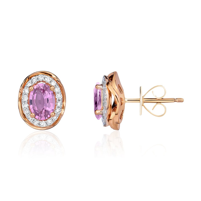 9ct Rose Gold Oval Natural Pink Sapphire & Diamond Rope Edge Cluster Stud Earrings — 6x4mm