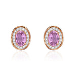 9ct Rose Gold Oval Natural Pink Sapphire & Diamond Rope Edge Cluster Stud Earrings — 6x4mm