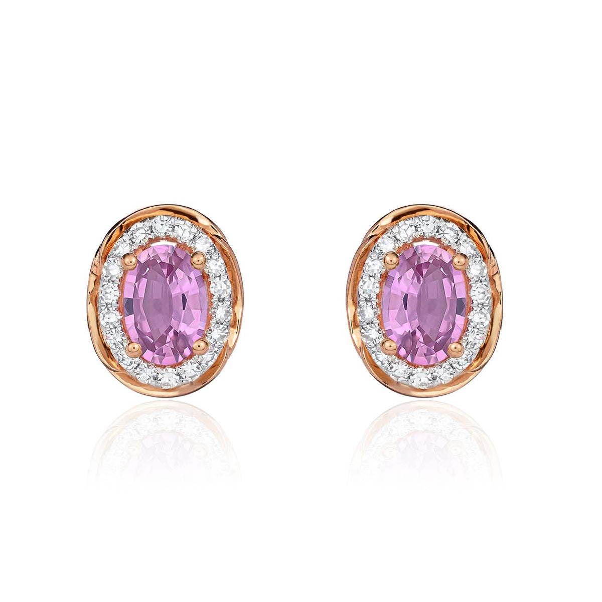 9ct Rose Gold Oval Natural Pink Sapphire & Diamond Rope Edge Cluster Stud Earrings — 6x4mm