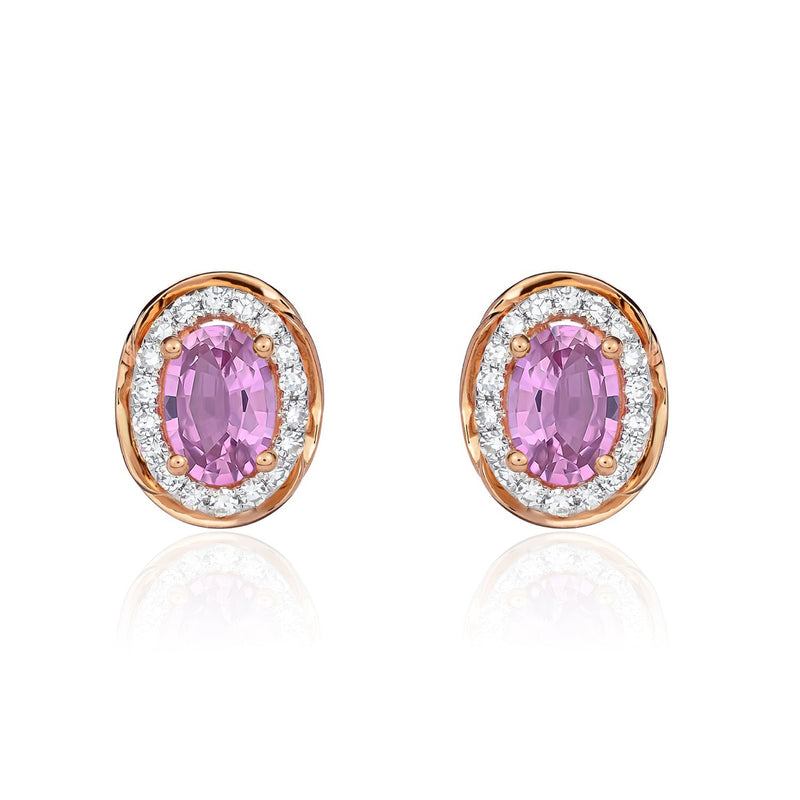 9ct Rose Gold Oval Natural Pink Sapphire & Diamond Rope Edge Cluster Stud Earrings — 6x4mm