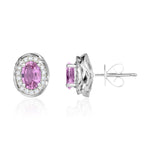 9ct White Gold Oval Natural Pink Sapphire & Diamond Rope Edge Cluster Stud Earrings — 7x5mm