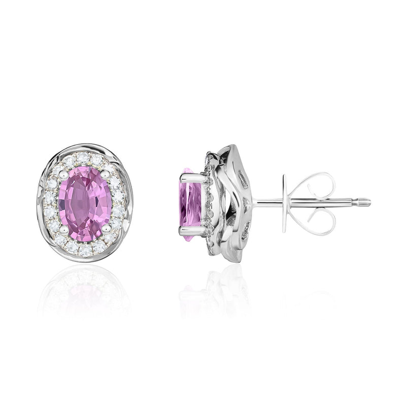 9ct White Gold Oval Natural Pink Sapphire & Diamond Rope Edge Cluster Stud Earrings — 7x5mm