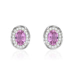 9ct White Gold Oval Natural Pink Sapphire & Diamond Rope Edge Cluster Stud Earrings — 7x5mm