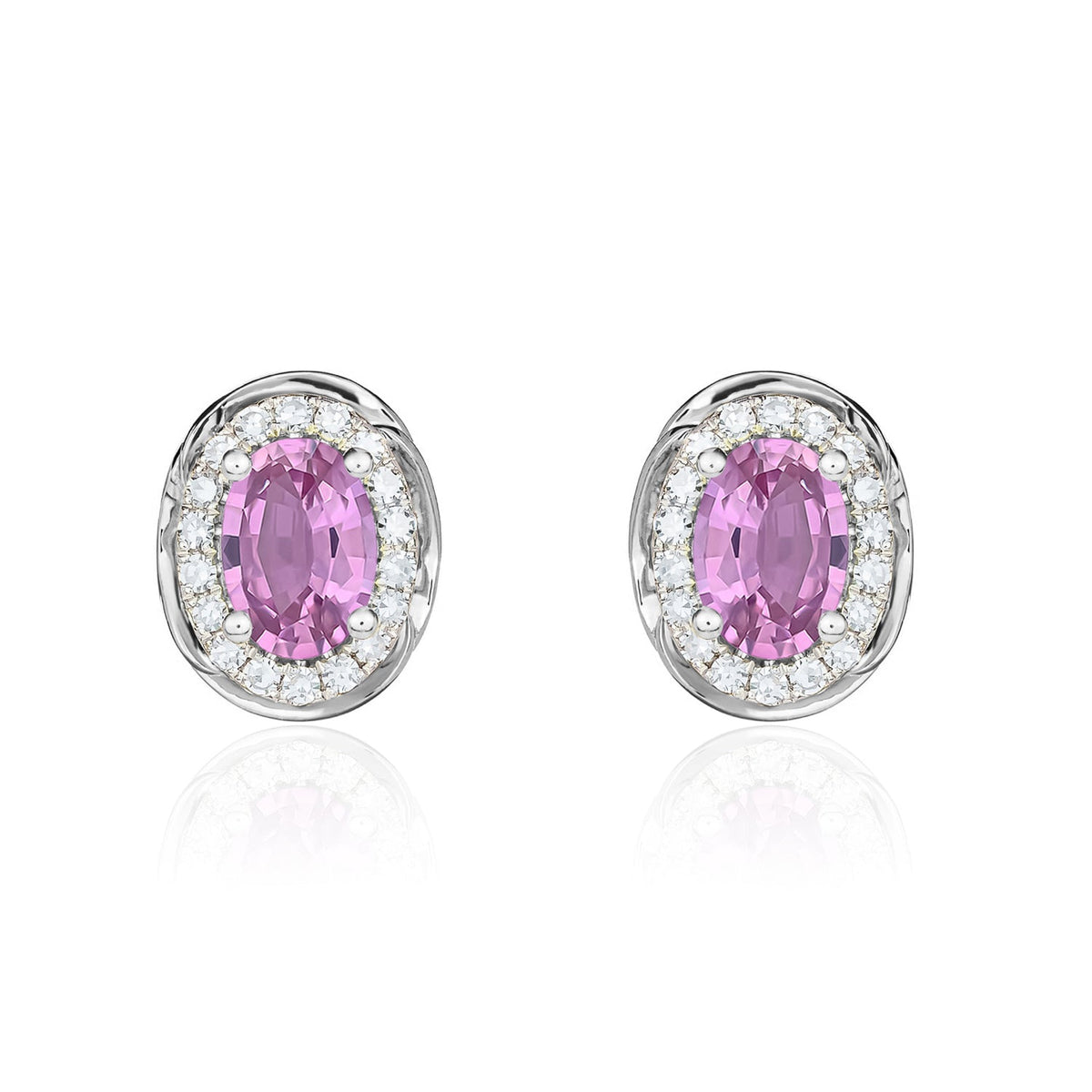 9ct White Gold Oval Natural Pink Sapphire & Diamond Rope Edge Cluster Stud Earrings — 7x5mm