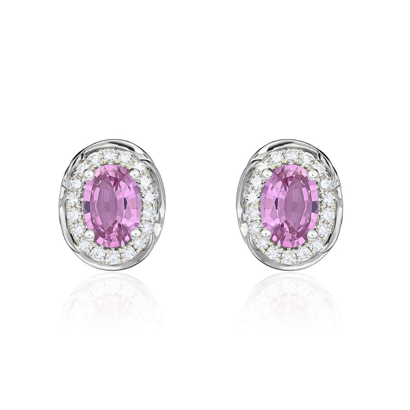 9ct White Gold Oval Natural Pink Sapphire & Diamond Rope Edge Cluster Stud Earrings — 7x5mm