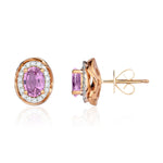 9ct Rose Gold Oval Natural Pink Sapphire & Diamond Rope Edge Cluster Stud Earrings — 7x5mm