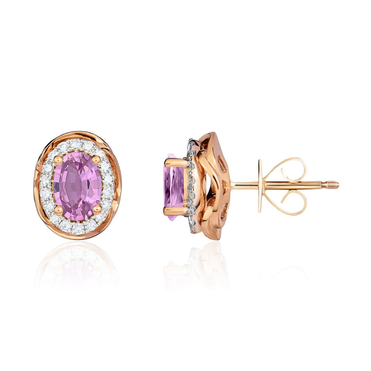 9ct Rose Gold Oval Natural Pink Sapphire & Diamond Rope Edge Cluster Stud Earrings — 7x5mm