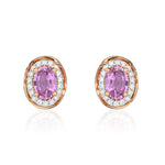 9ct Rose Gold Oval Natural Pink Sapphire & Diamond Rope Edge Cluster Stud Earrings — 7x5mm