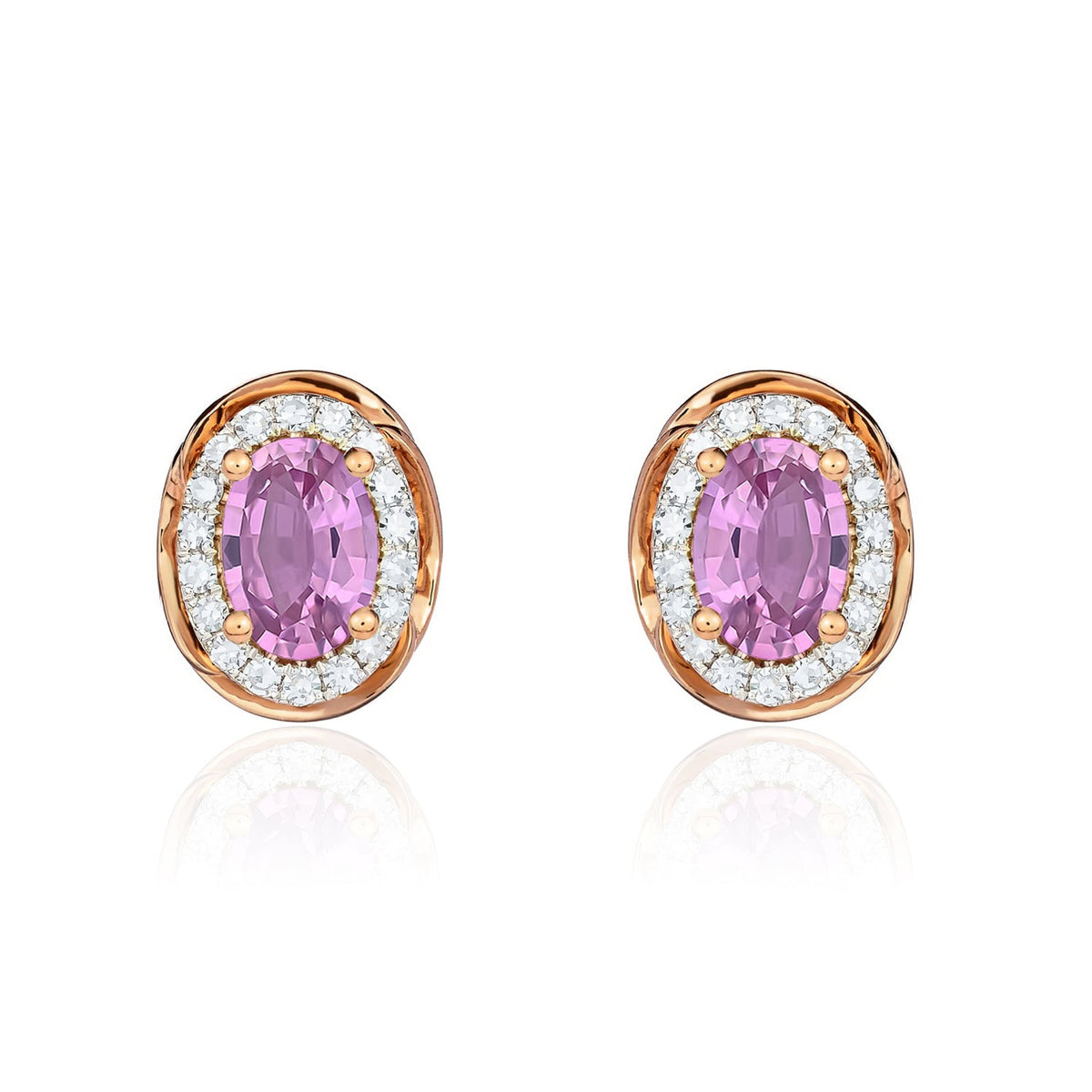 9ct Rose Gold Oval Natural Pink Sapphire & Diamond Rope Edge Cluster Stud Earrings — 7x5mm