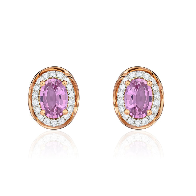9ct Rose Gold Oval Natural Pink Sapphire & Diamond Rope Edge Cluster Stud Earrings — 7x5mm