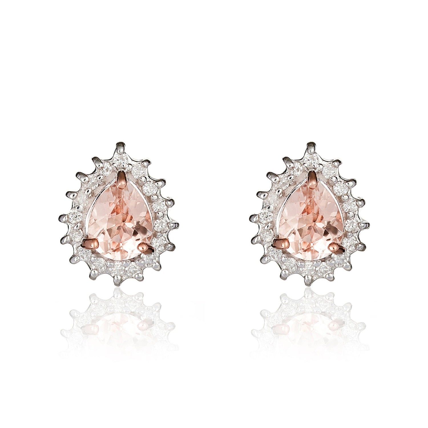 9ct Rose Gold Pear Shape Morganite & Diamond Claw Set Cluster Stud Earrings — 5x4mm