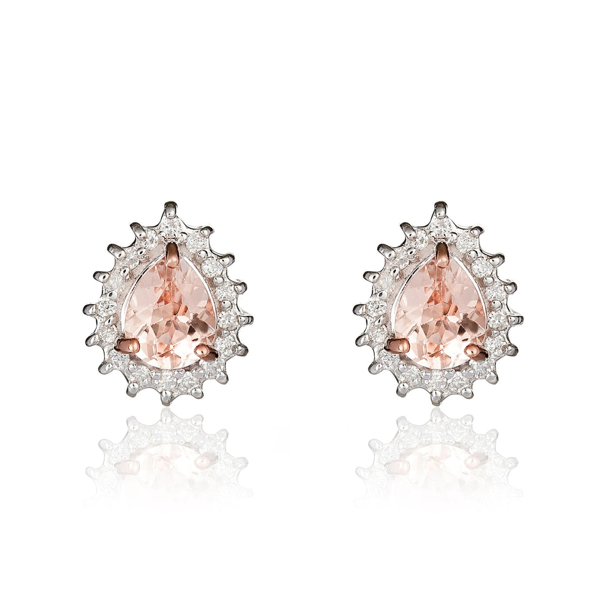 9ct Rose Gold Pear Shaped Natural Morganite & Diamond Claw Set Cluster Stud Earrings — 5x4mm