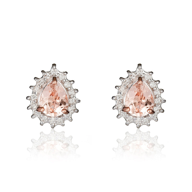 9ct Rose Gold Pear Shaped Natural Morganite & Diamond Claw Set Cluster Stud Earrings — 5x4mm