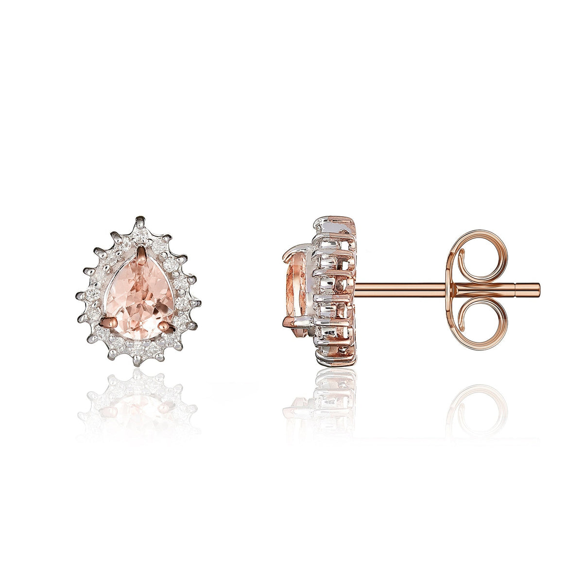 9ct Rose Gold Pear Shaped Natural Morganite & Diamond Claw Set Cluster Stud Earrings — 5x4mm