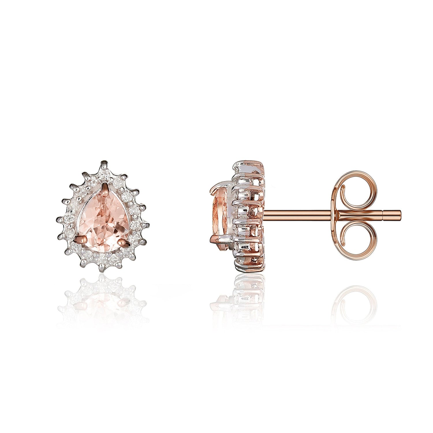 9ct Rose Gold Pear Shape Morganite & Diamond Claw Set Cluster Stud Earrings — 5x4mm