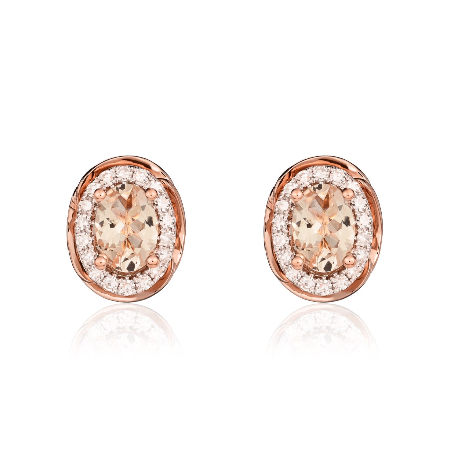 9ct Rose Gold Oval Morganite & Diamond Rope Edge Cluster Stud Earrings — 6x4mm