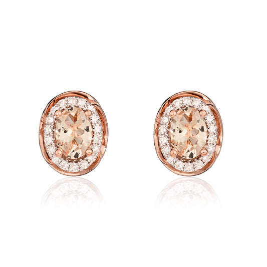 9ct Rose Gold Oval Natural Morganite and Diamond Rope Edge Cluster Stud Earrings — 6x4mm