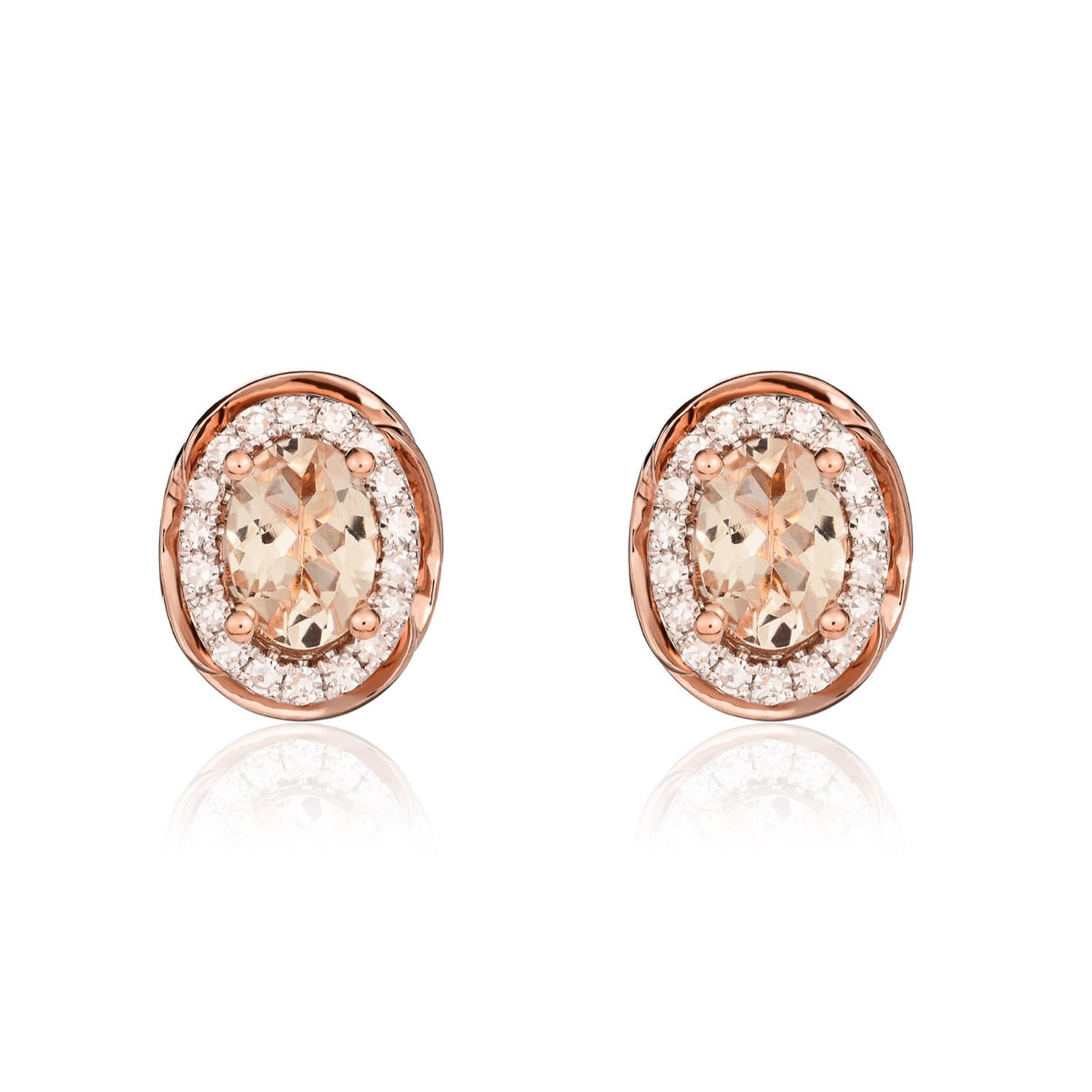 9ct Rose Gold Oval Natural Morganite & Diamond Rope Edge Cluster Stud Earrings — 6x4mm