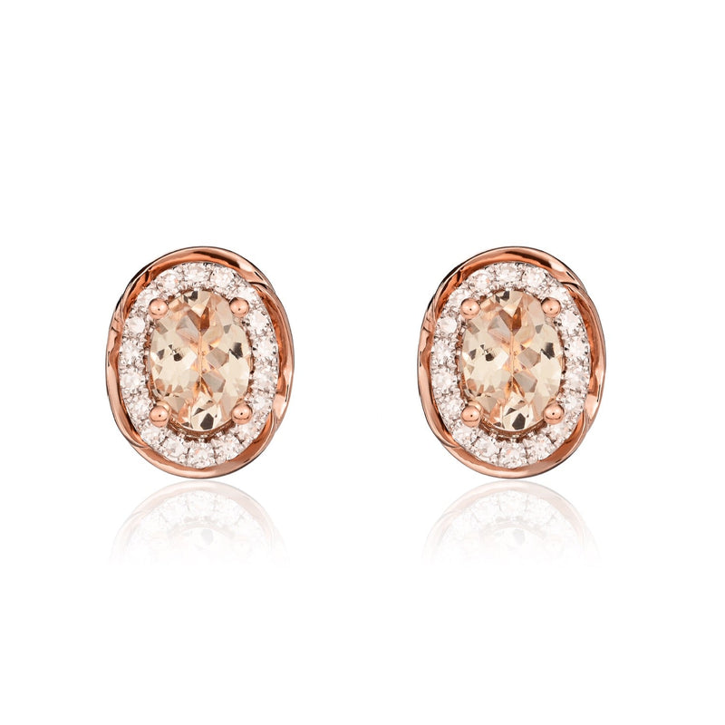9ct Rose Gold Oval Natural Morganite & Diamond Rope Edge Cluster Stud Earrings — 6x4mm