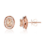 9ct Rose Gold Oval Natural Morganite & Diamond Rope Edge Cluster Stud Earrings — 6x4mm