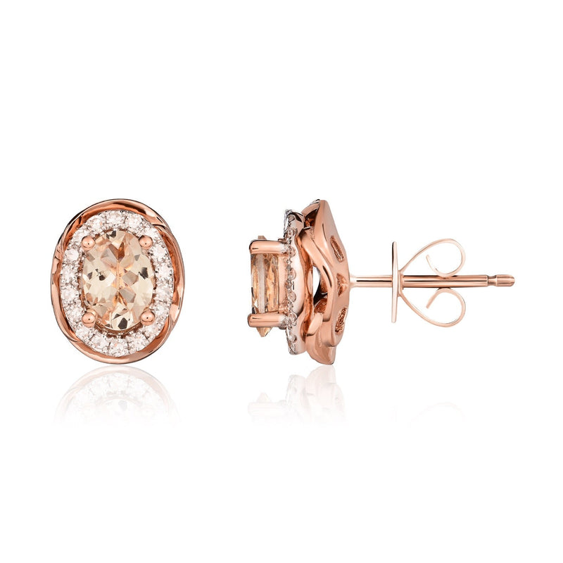 9ct Rose Gold Oval Natural Morganite & Diamond Rope Edge Cluster Stud Earrings — 6x4mm