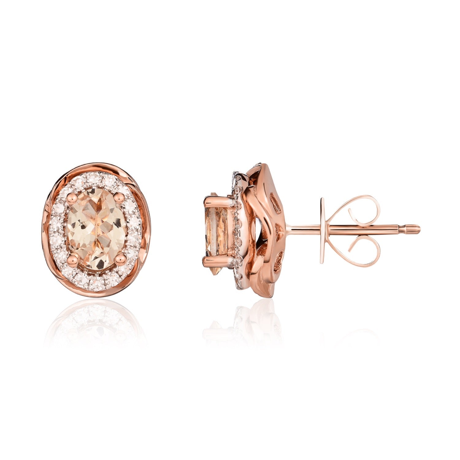 9ct Rose Gold Oval Morganite & Diamond Rope Edge Cluster Stud Earrings — 6x4mm