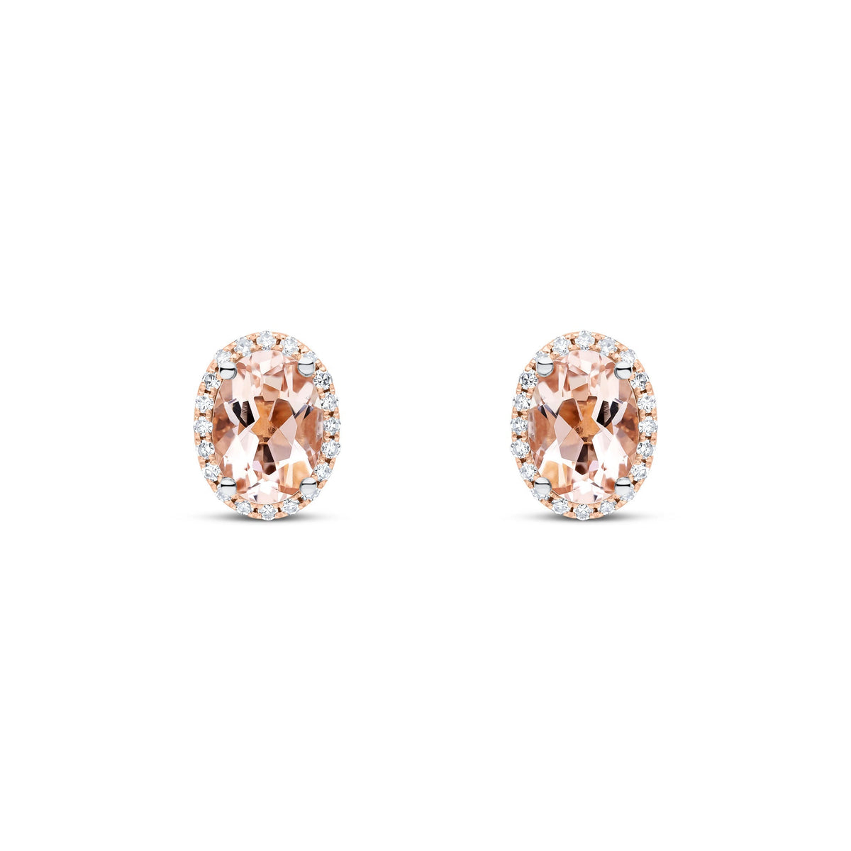 9ct Rose Gold Oval Natural Morganite & Diamond Claw Set Cluster Stud Earrings — 7x5mm