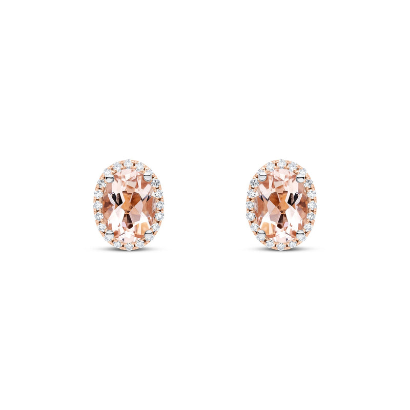 9ct Rose Gold Oval Natural Morganite & Diamond Claw Set Cluster Stud Earrings — 7x5mm