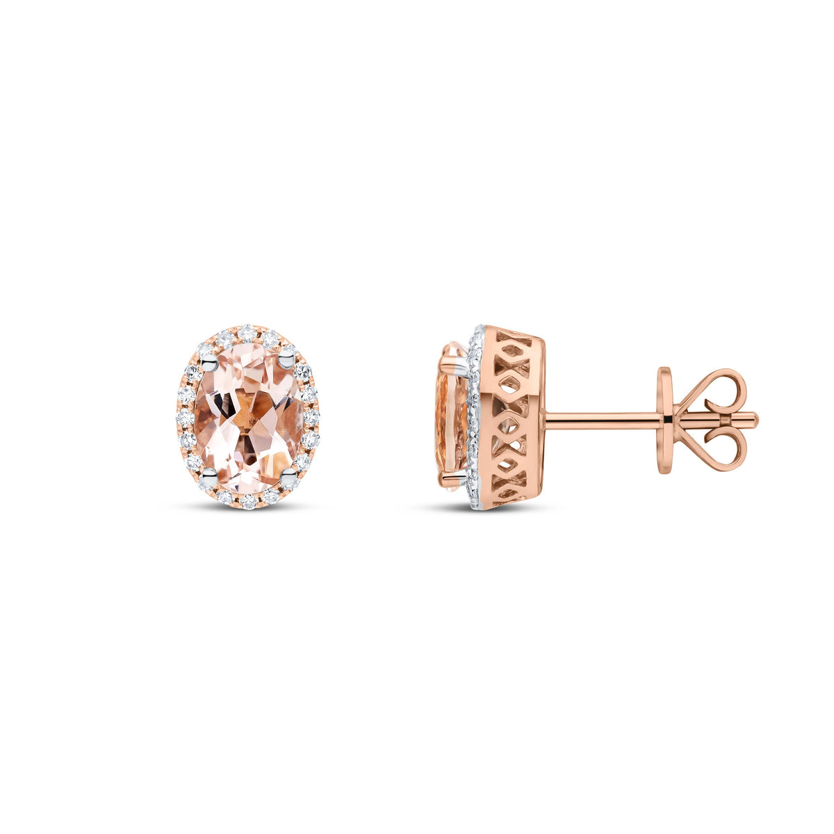9ct Rose Gold Oval Natural Morganite & Diamond Claw Set Cluster Stud Earrings — 7x5mm