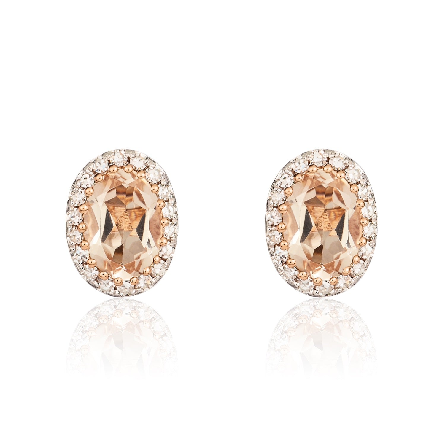 9ct Rose Gold Oval Morganite & Diamond Cluster Stud Earrings — 6x4mm
