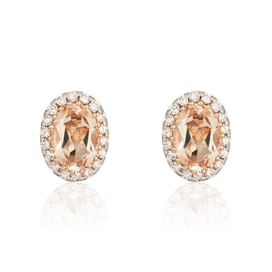 9ct Rose Gold Oval Natural Morganite and Diamond Cluster Stud Earrings — 6x4mm
