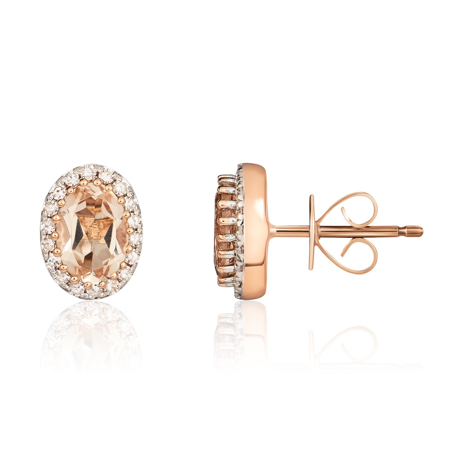 9ct Rose Gold Oval Morganite & Diamond Cluster Stud Earrings — 6x4mm