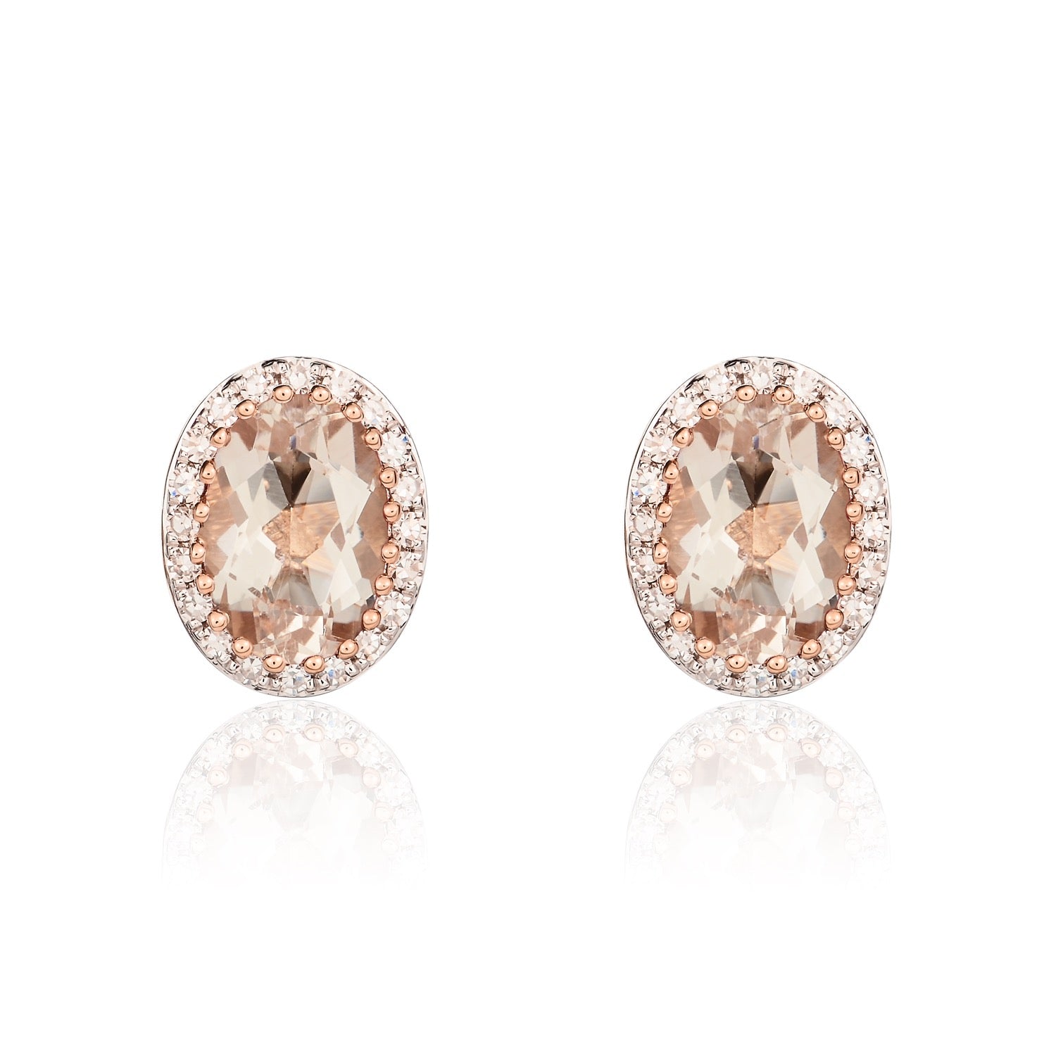 9ct Rose Gold Oval Morganite & Round Diamond Claw Set Cluster Stud Earrings — 7x5mm