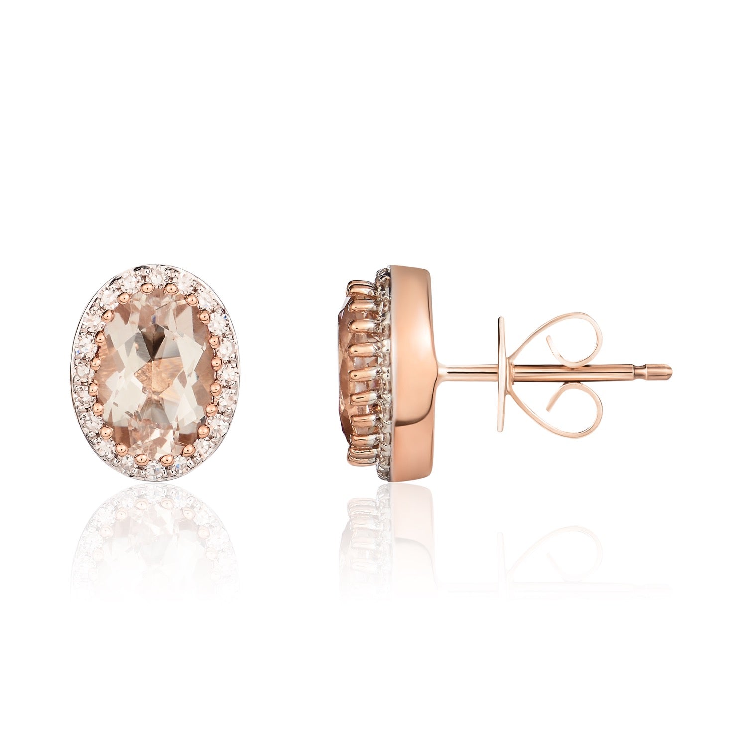 9ct Rose Gold Oval Morganite & Round Diamond Claw Set Cluster Stud Earrings — 7x5mm