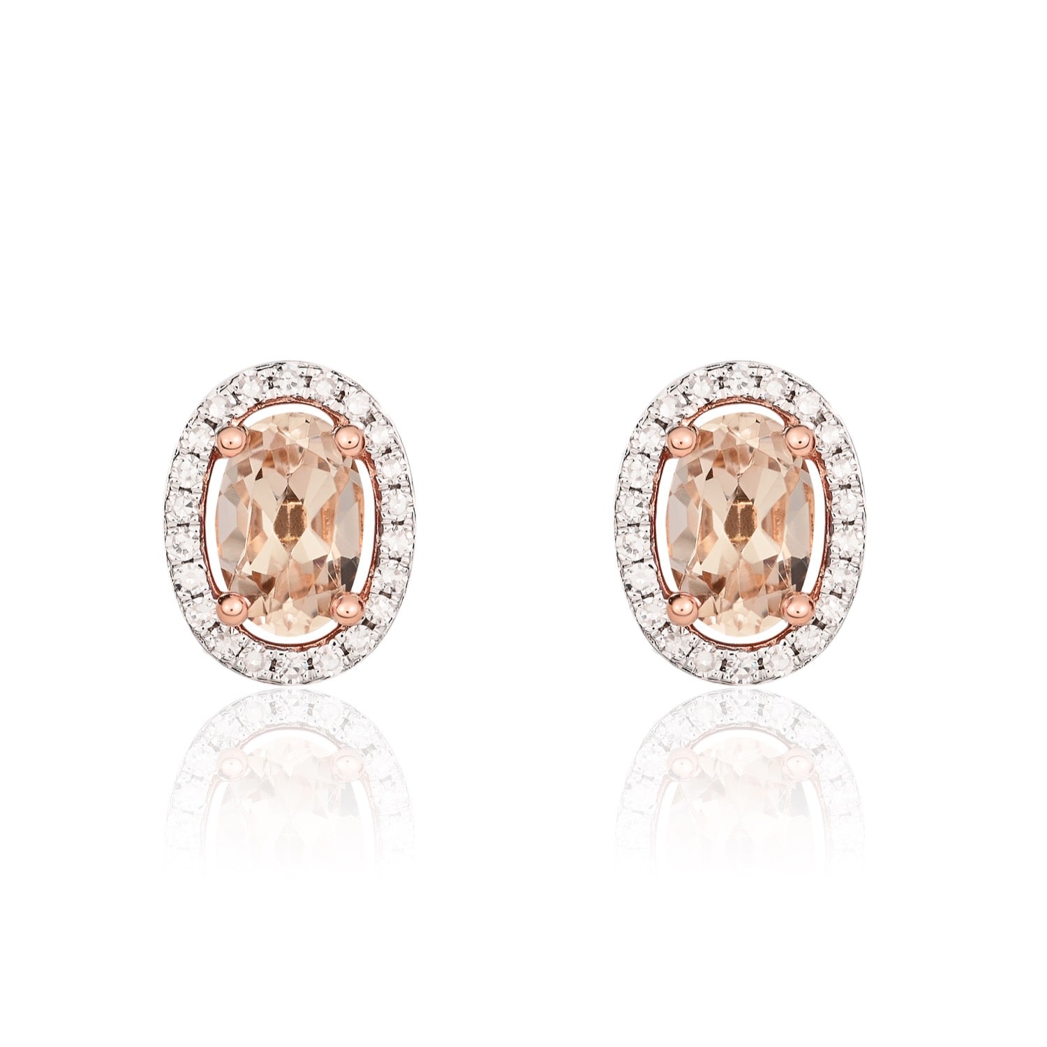 9ct Rose Gold Oval Morganite & Round Diamond Halo Cluster Stud Earrings — 6x4mm