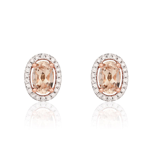 9ct Rose Gold Oval Natural Morganite and Round Diamond Halo Cluster Stud Earrings — 6x4mm