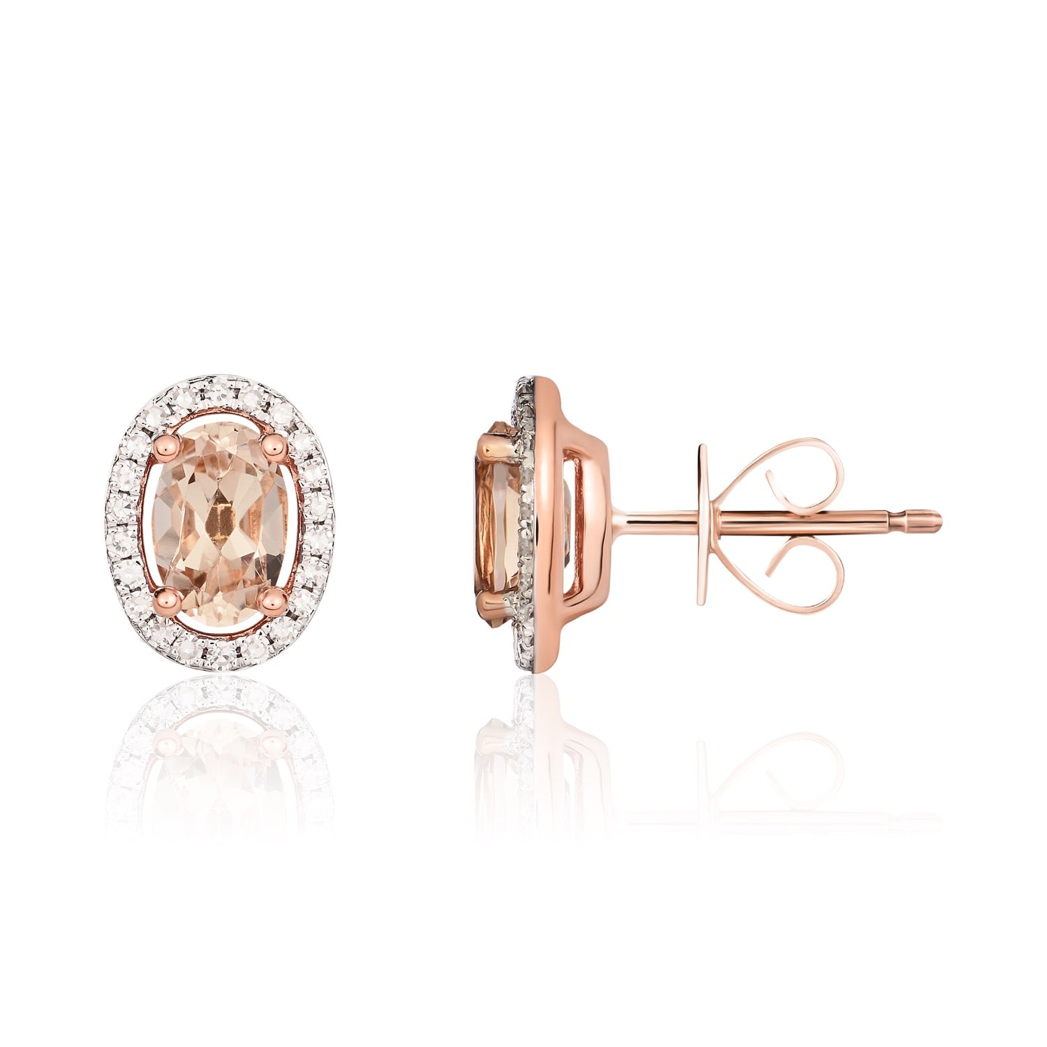 9ct Rose Gold Oval Morganite & Round Diamond Halo Cluster Stud Earrings — 6x4mm